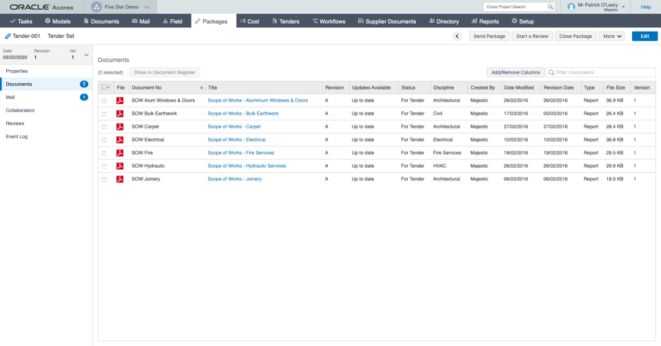 screenshot of Oracle Aconex